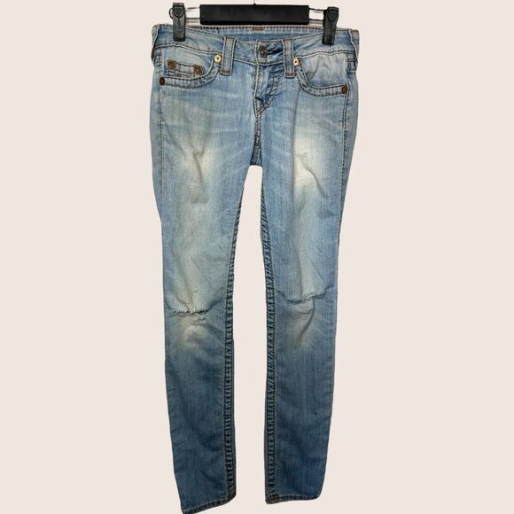 🧲 TRUE RELIGION LIGHT WASH DISTRESSED SKINNY RUST BROWN BIG T LOW RISE JEANS 24 - Picture 1 of 9